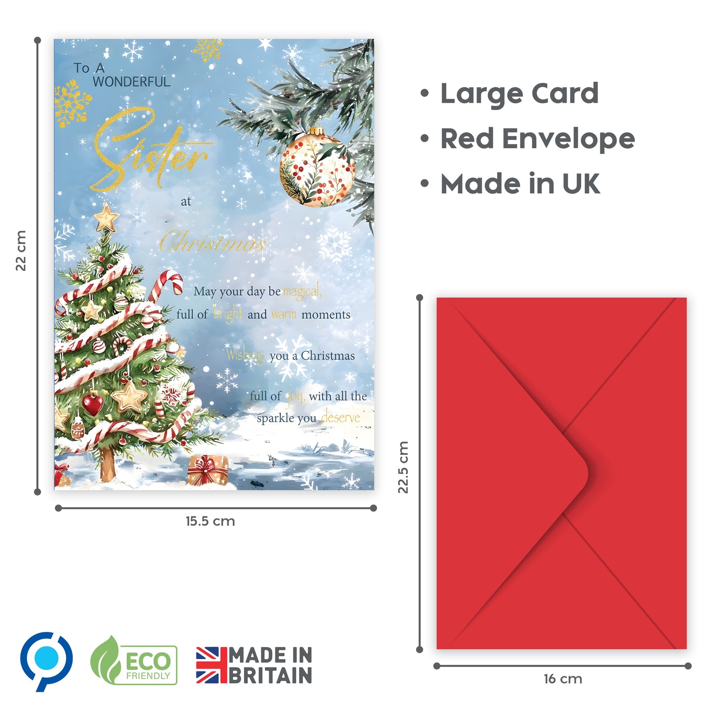 Sister Christmas Card – Snowy Festive Tree Design - 22 x 15.5 cm - Sister Xmas Card – Inside Greeting - Made in the UK