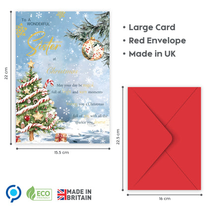Sister Christmas Card – Snowy Festive Tree Design - 22 x 15.5 cm - Sister Xmas Card – Inside Greeting - Made in the UK