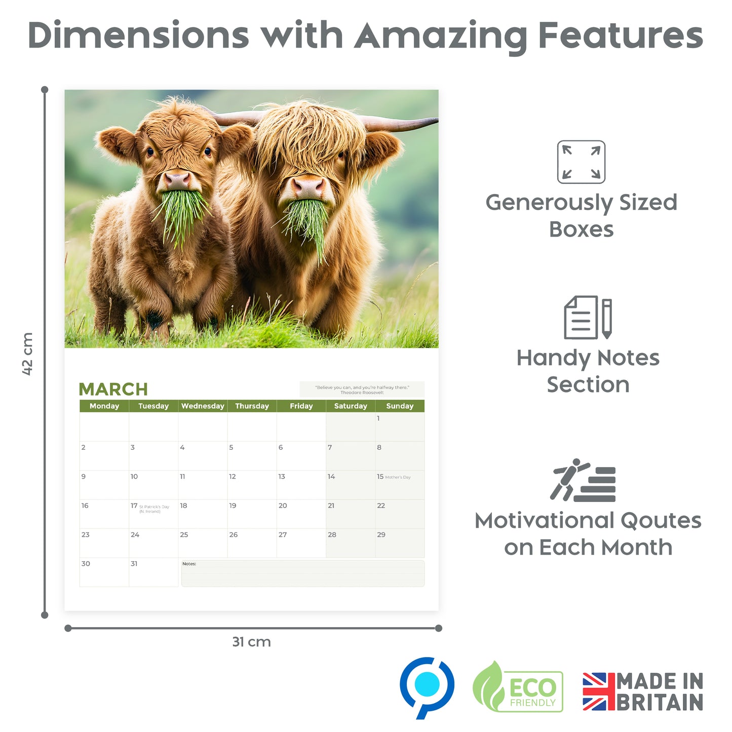 2026 Calendar, Highland Cow Wall Calendar UK, A3 Month-to-View (Jan 2026 – Dec 2026), Eco-Friendly, A3 Size When Open, Made in the UK