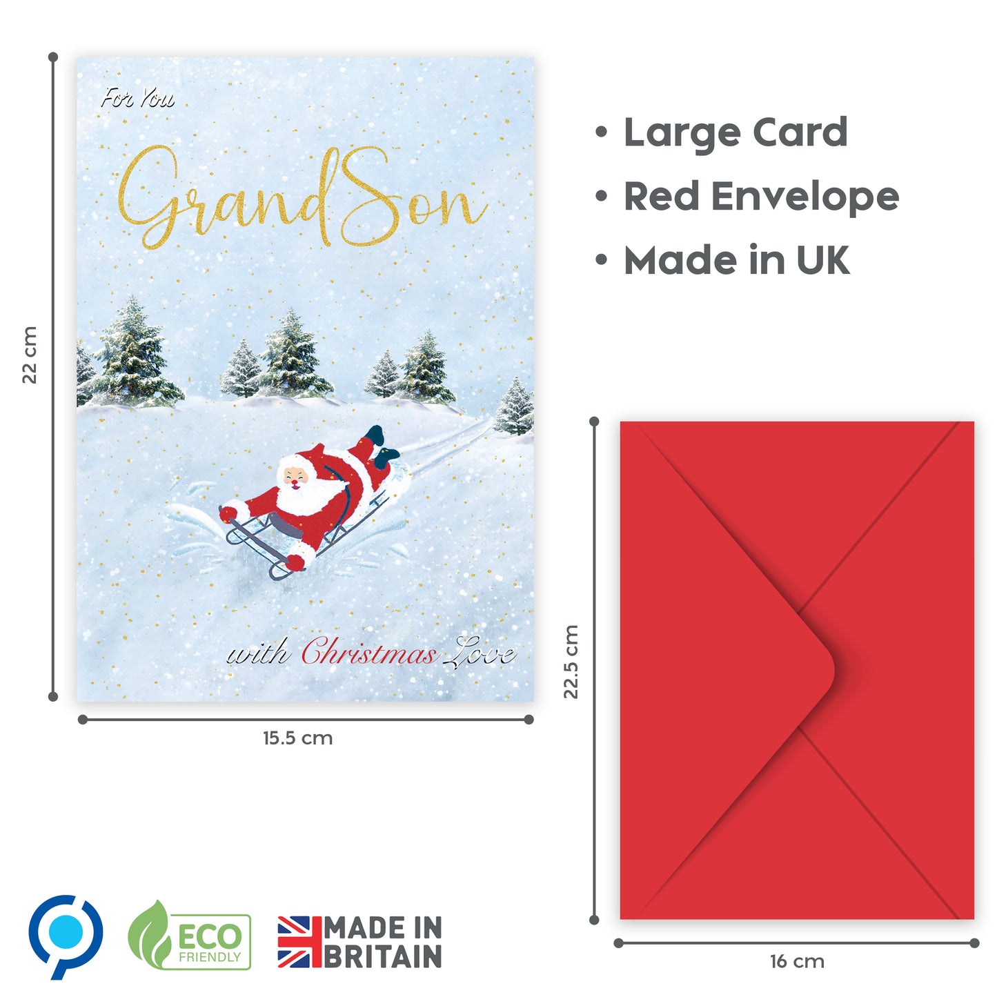 Grandson Christmas Card for Boys – Fun Sledging & Snowman Xmas Design – 22 x 15.5 cm – Eco-Friendly Christmas Card Grandson – Inside Message – Made in the UK