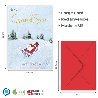Grandson Christmas Card for Boys – Fun Sledging & Snowman Xmas Design – 22 x 15.5 cm – Eco-Friendly Christmas Card Grandson – Inside Message – Made in the UK