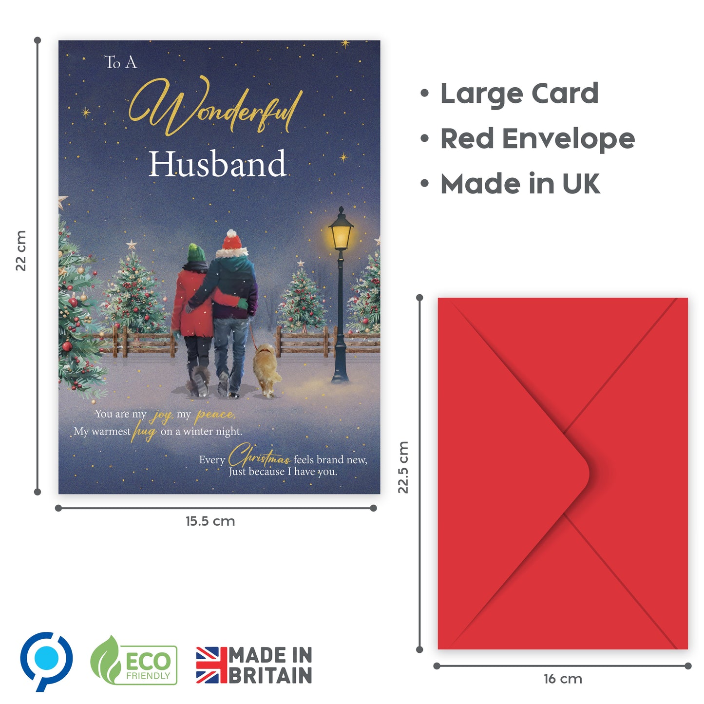 Husband Christmas Card from Wife – Gold Foil Romantic Festive Winter Scene - Large 22 x 15.5 cm - Husband Xmas Card with Inside Greeting - Made in the UK