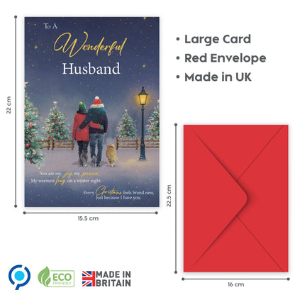 Husband Christmas Card from Wife – Gold Foil Romantic Festive Winter Scene - Large 22 x 15.5 cm - Husband Xmas Card with Inside Greeting - Made in the UK