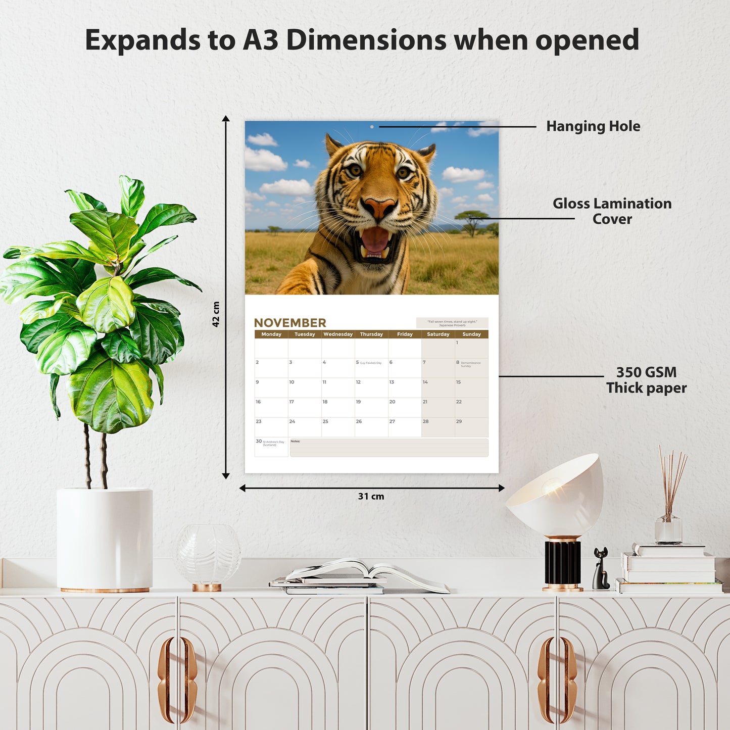 Wall Calendar 2026 UK - A3 Size Animal Selfies 2026 Calendar, Month-to-View (Jan 2026 - Dec 2026) - Eco-Friendly, A3 When Open, Made in the UK.