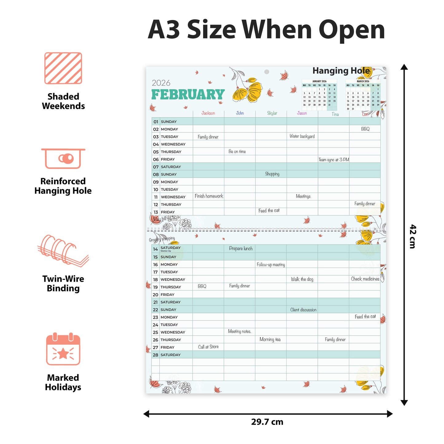 Family Calendar 2026 UK – A3 Month to View Family Planner with 6 Columns for Parents & Children – 42 x 31 cm – Household & School Planning Jan–Dec 2026 – Made in the UK