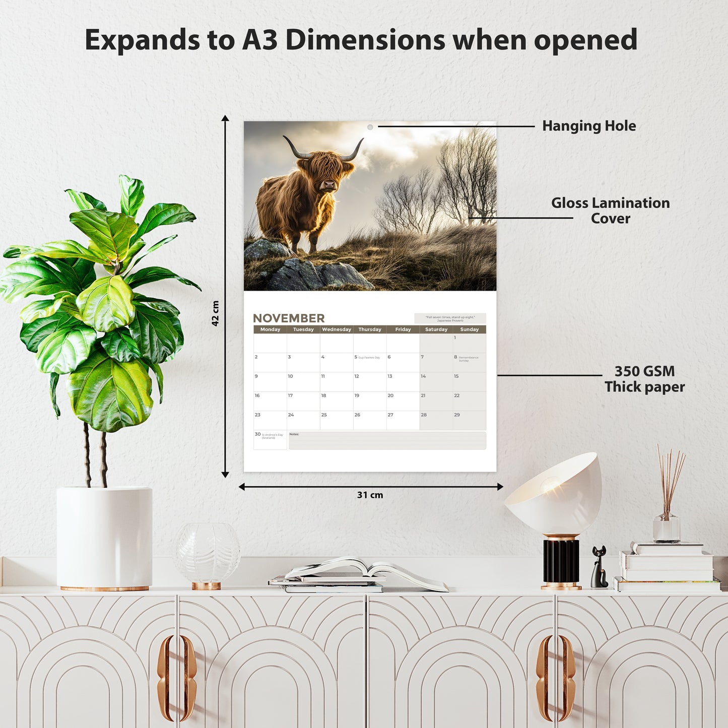 2026 Calendar, Highland Cow Wall Calendar UK, A3 Month-to-View (Jan 2026 – Dec 2026), Eco-Friendly, A3 Size When Open, Made in the UK