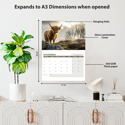 2026 Calendar, Highland Cow Wall Calendar UK, A3 Month-to-View (Jan 2026 – Dec 2026), Eco-Friendly, A3 Size When Open, Made in the UK