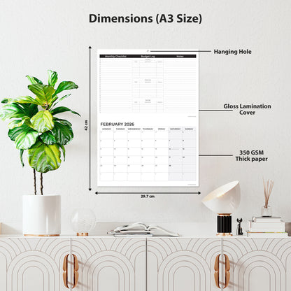 2026 Calendar – Wall Calendar UK – A3 When Open – January to December 2026 Month-to-View Planner with Monthly Checklist, Budget Log & Notes – Made in the UK