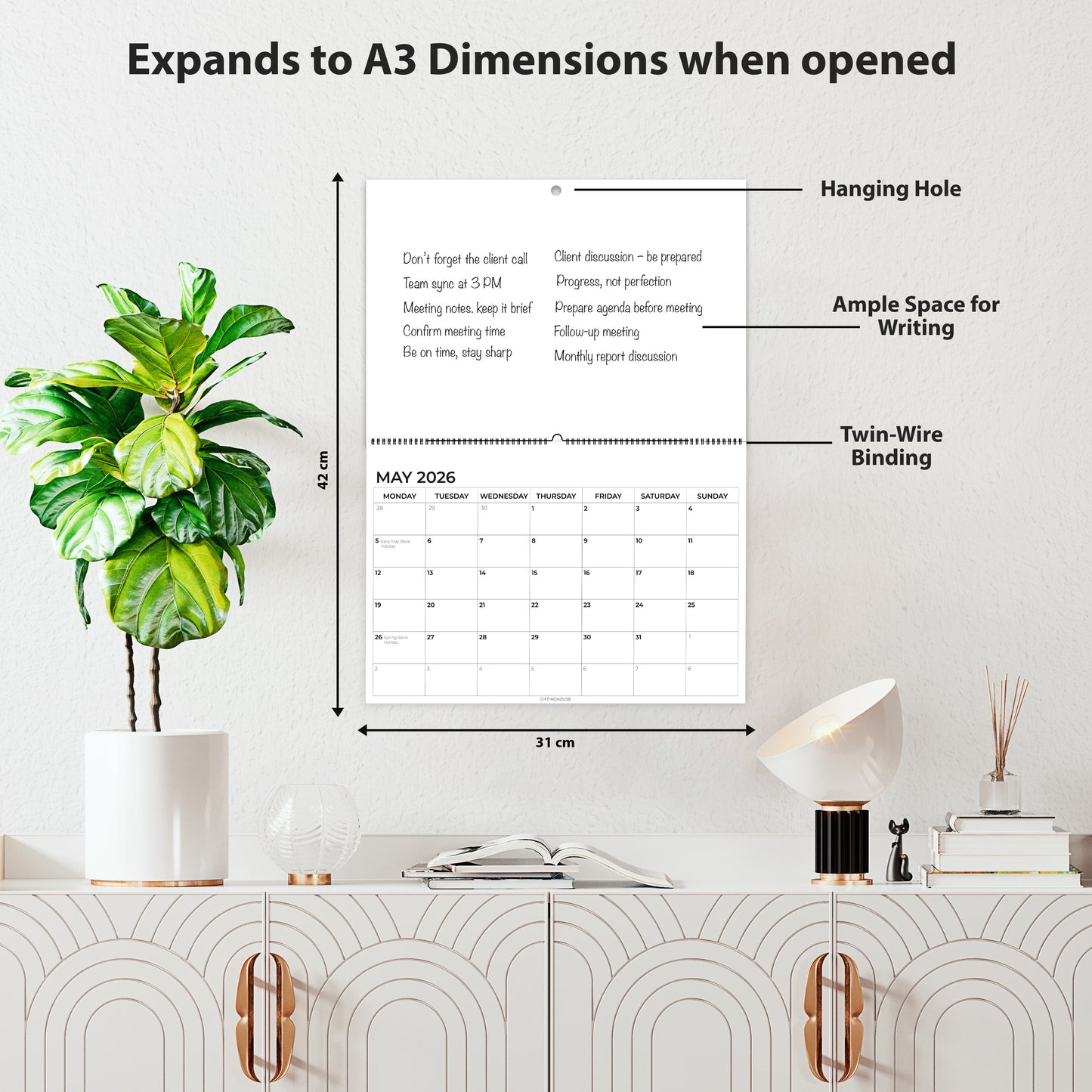 Wall Calendar 2026 - A4 2026 Calendar UK Month-to-View (Jan - Dec) - Twin-Wire Binding, Hanging Hook - For Family planner, Office, Student - Made in the UK