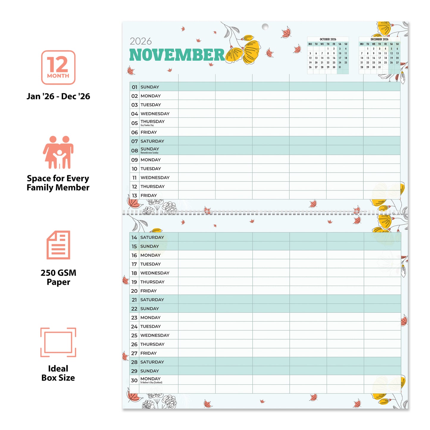 Family Calendar 2026 UK – A3 Month to View Family Planner with 6 Columns for Parents & Children – 42 x 31 cm – Household & School Planning Jan–Dec 2026 – Made in the UK