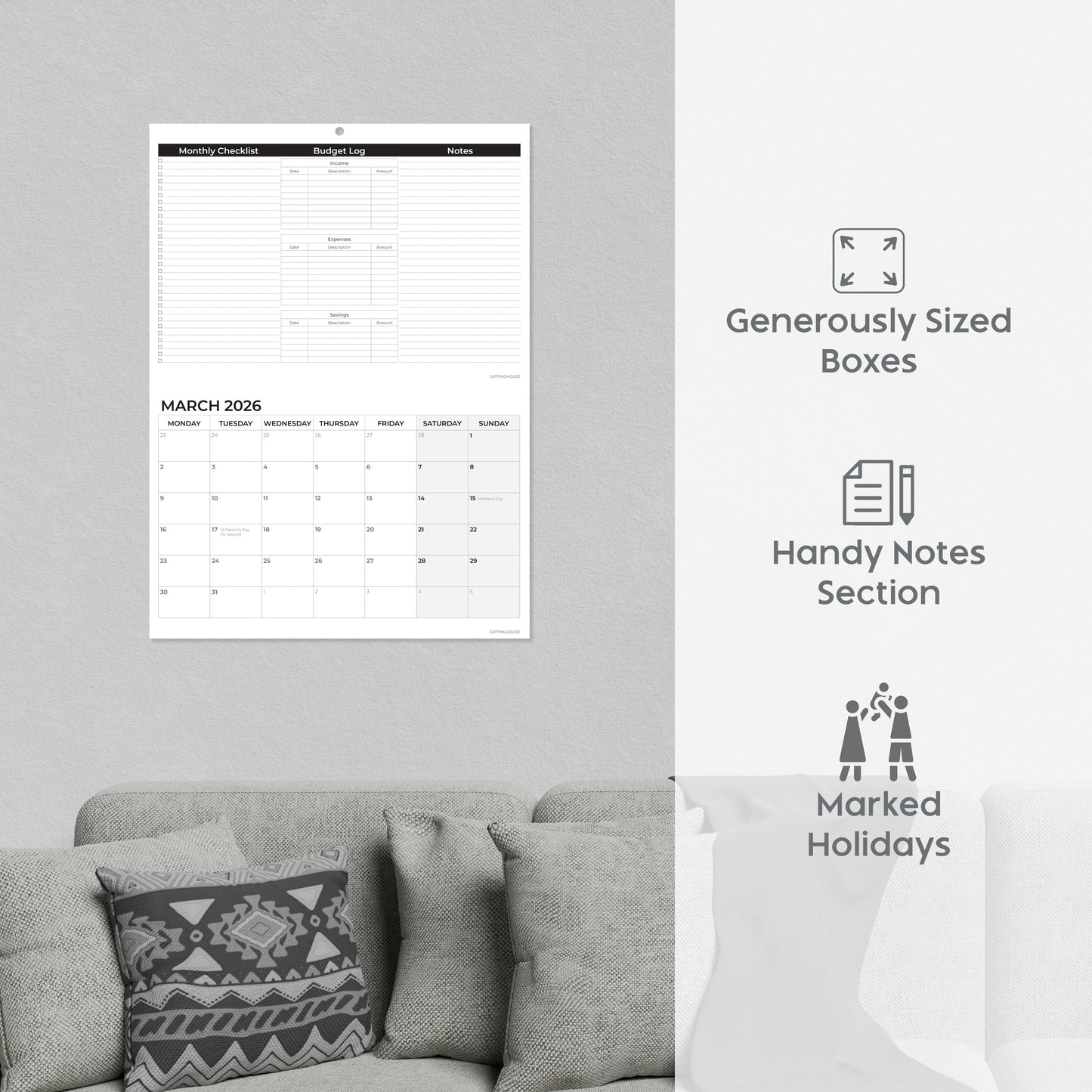 2026 Calendar – Wall Calendar UK – A3 When Open – January to December 2026 Month-to-View Planner with Monthly Checklist, Budget Log & Notes – Made in the UK