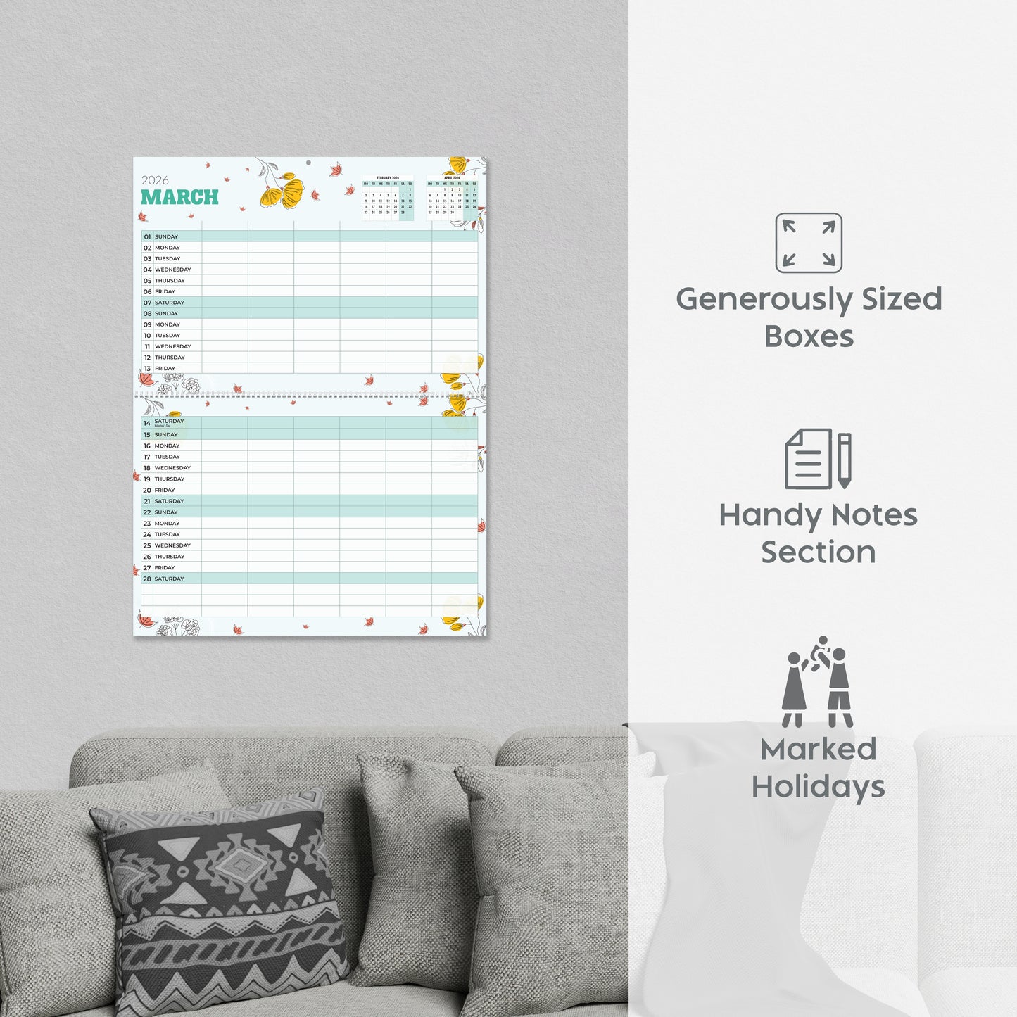 Family Calendar 2026 UK – A3 Month to View Family Planner with 6 Columns for Parents & Children – 42 x 31 cm – Household & School Planning Jan–Dec 2026 – Made in the UK
