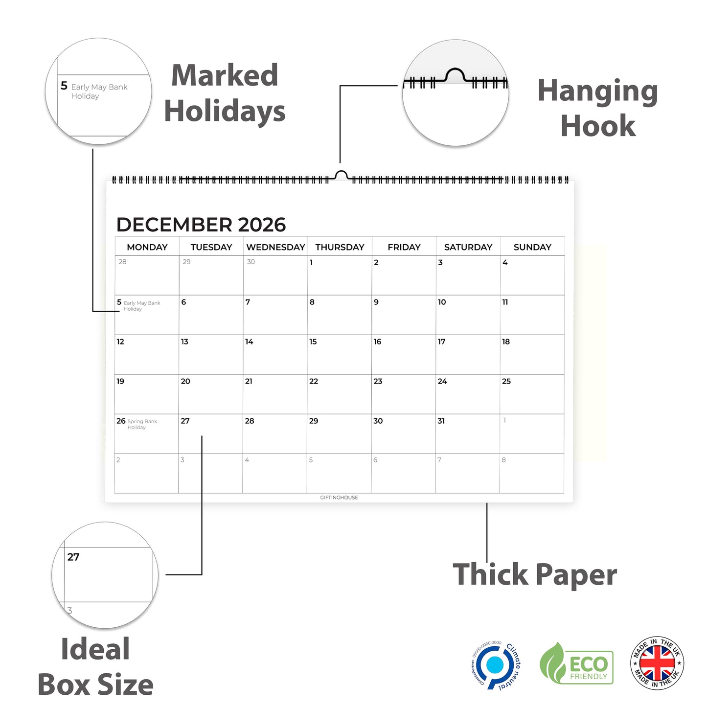 Wall Calendar 2026 - A4 2026 Calendar UK Month-to-View (Jan - Dec) - Twin-Wire Binding, Hanging Hook - For Family planner, Office, Student - Made in the UK