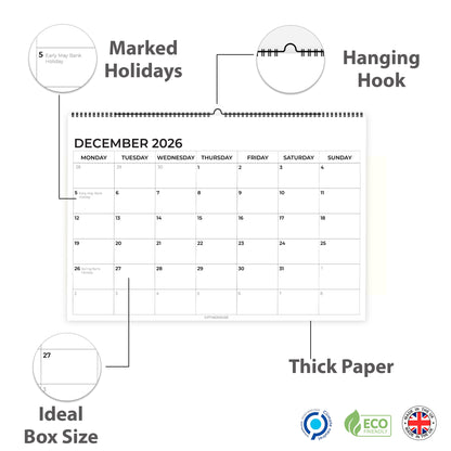 Wall Calendar 2026 - A4 2026 Calendar UK Month-to-View (Jan - Dec) - Twin-Wire Binding, Hanging Hook - For Family planner, Office, Student - Made in the UK