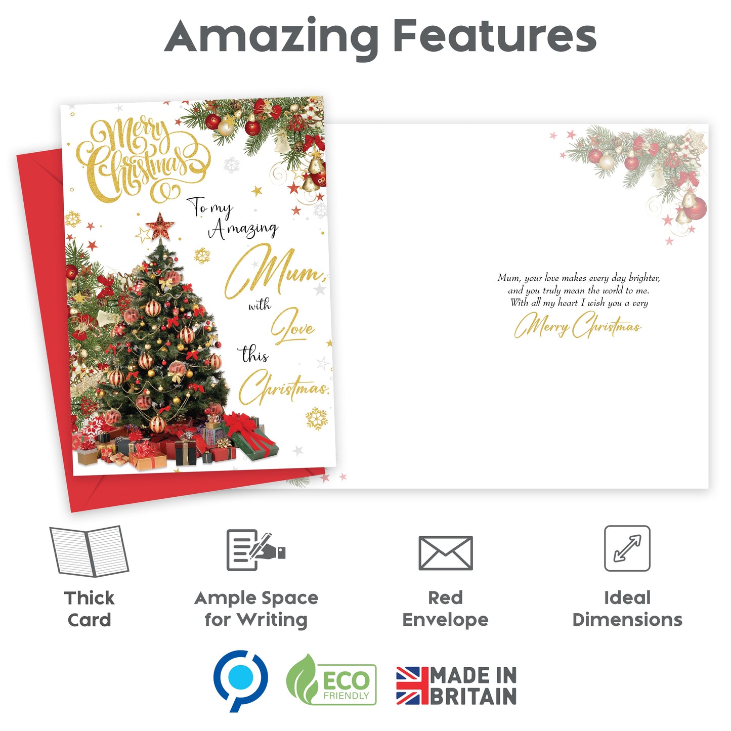 Mum Christmas Card - Gold Foil Luxury Festive Design – 22 x 15.5 cm – Mum Xmas Card with Inside Greeting – Made in the UK