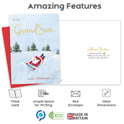 Grandson Christmas Card for Boys – Fun Sledging & Snowman Xmas Design – 22 x 15.5 cm – Eco-Friendly Christmas Card Grandson – Inside Message – Made in the UK