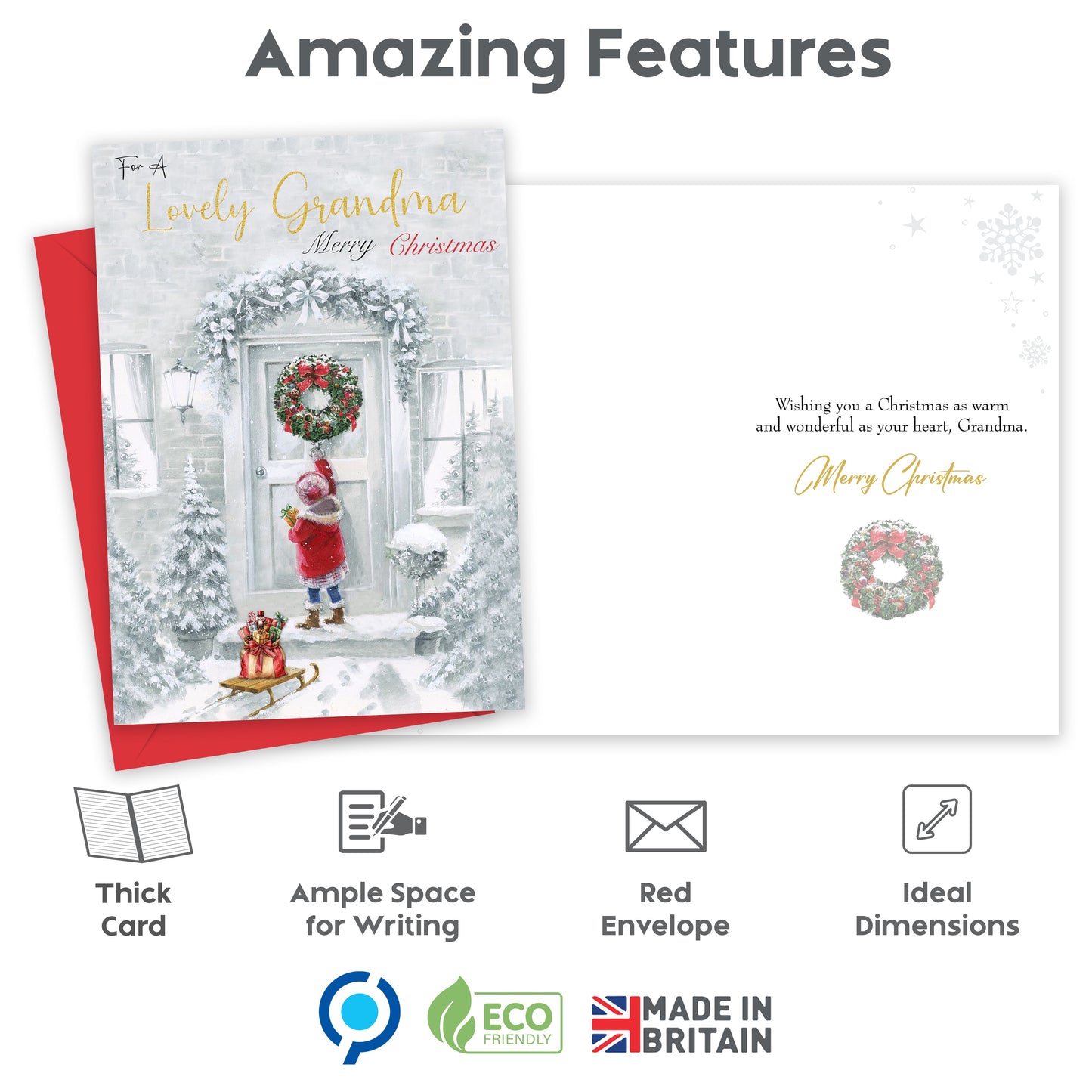 Lovely Grandma Christmas Card – Eco-Friendly Christmas Card for Grandma – 22 x 15.5 cm – Festive Winter Scene Design – Inside Message – Made in the UK