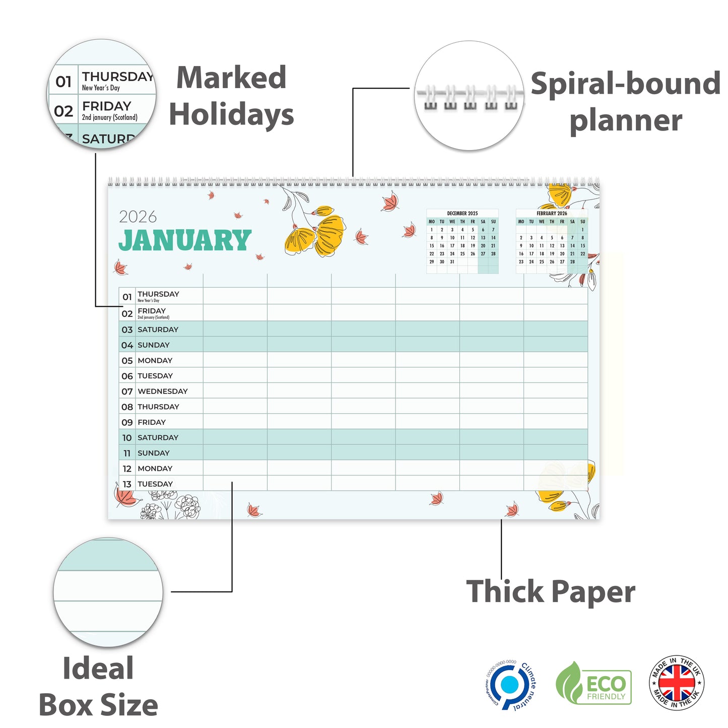 Family Calendar 2026 UK – A3 Month to View Family Planner with 6 Columns for Parents & Children – 42 x 31 cm – Household & School Planning Jan–Dec 2026 – Made in the UK
