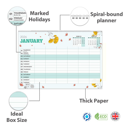 Family Calendar 2026 UK – A3 Month to View Family Planner with 6 Columns for Parents & Children – 42 x 31 cm – Household & School Planning Jan–Dec 2026 – Made in the UK
