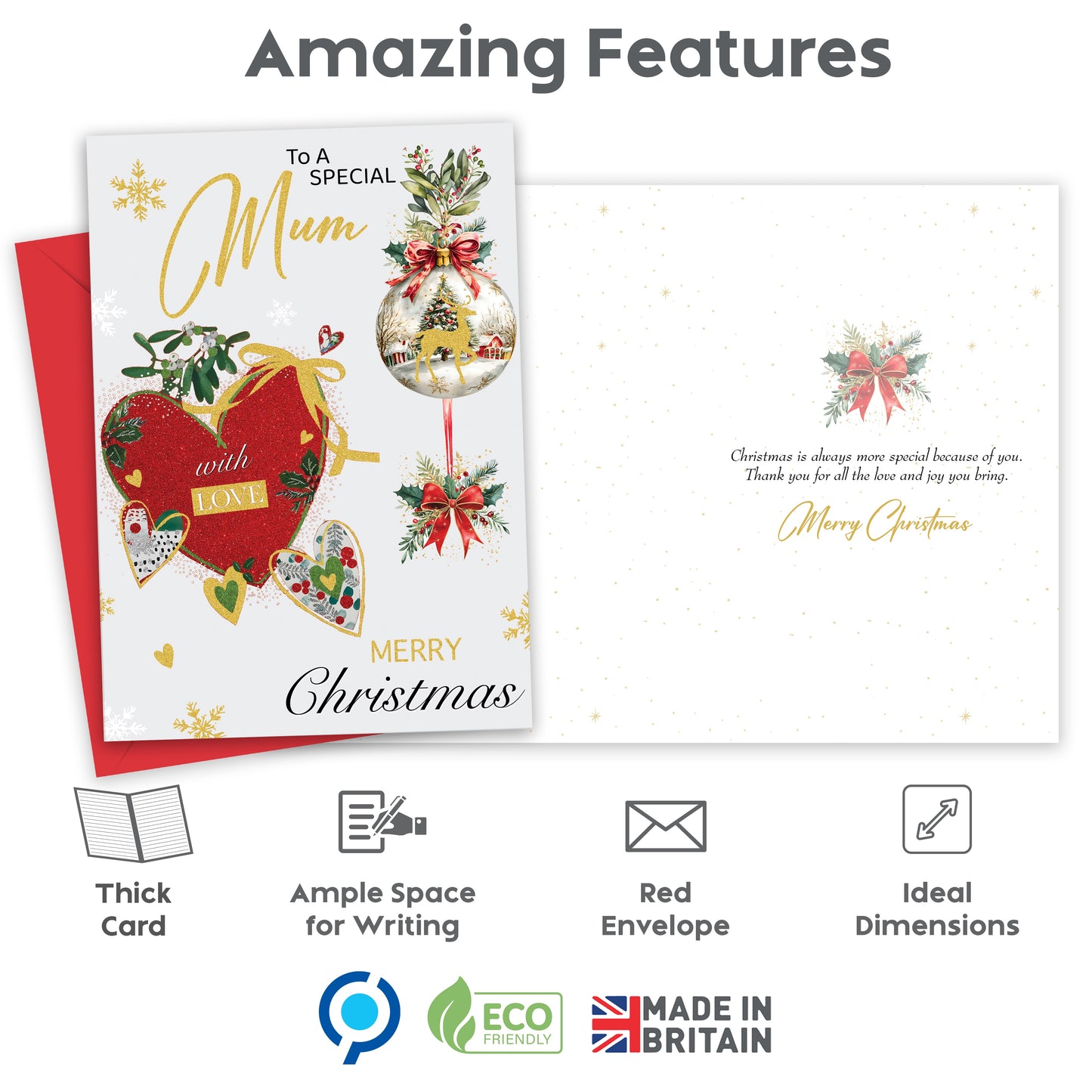 Special Mum Christmas Card – Gold Foil Elegant Design – 22 x 15.5 cm – Mum Xmas Card with Inside Greeting – Made in the UK