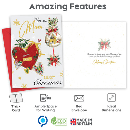 Special Mum Christmas Card – Gold Foil Elegant Design – 22 x 15.5 cm – Mum Xmas Card with Inside Greeting – Made in the UK