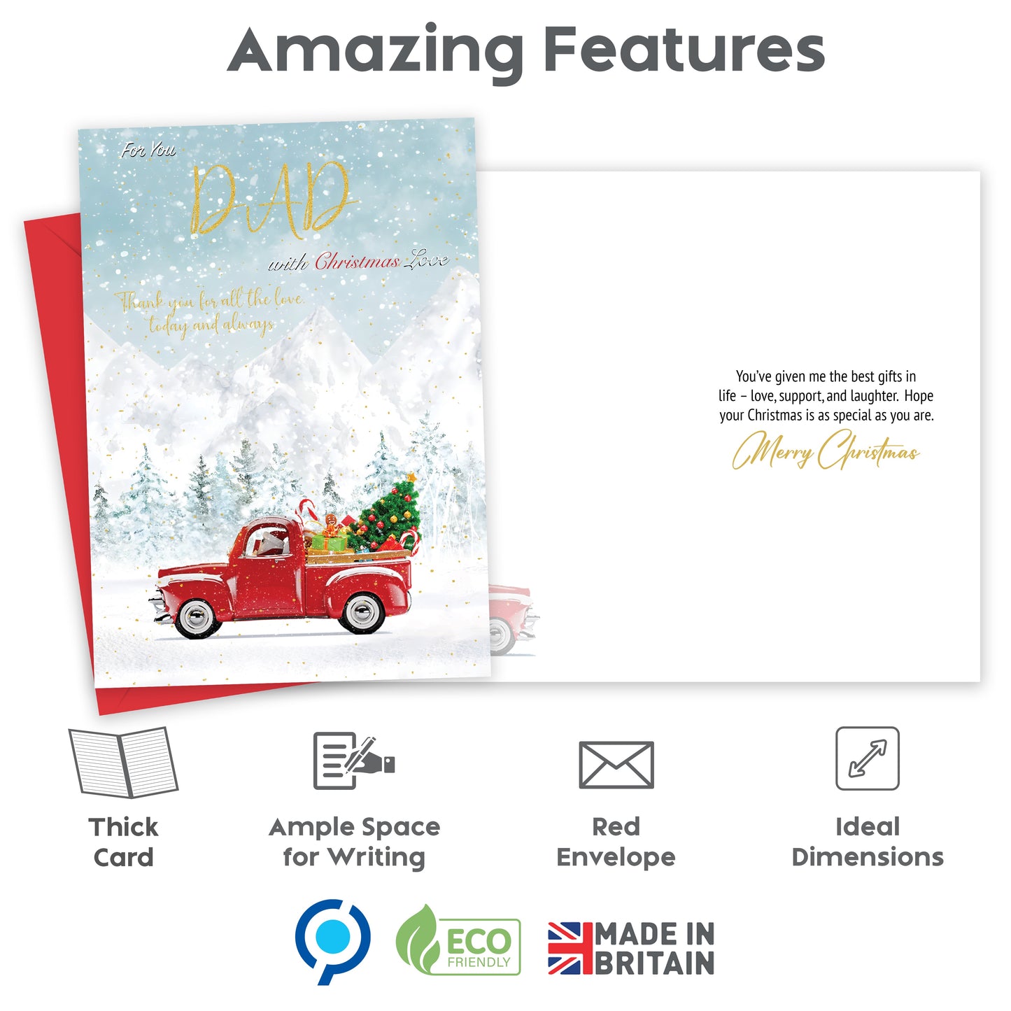 Dad Christmas Card – Gold Foil Dad Xmas Card – Large 22 x 15.5 cm – Inside Greeting – Made in the UK