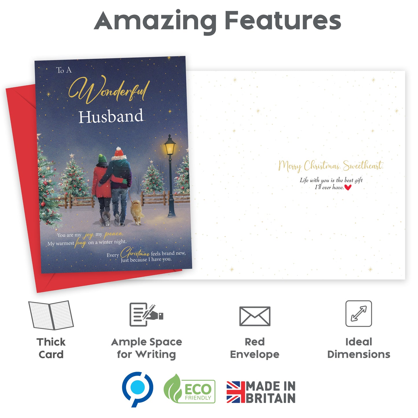 Husband Christmas Card from Wife – Gold Foil Romantic Festive Winter Scene - Large 22 x 15.5 cm - Husband Xmas Card with Inside Greeting - Made in the UK