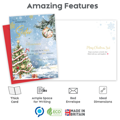 Sister Christmas Card – Snowy Festive Tree Design - 22 x 15.5 cm - Sister Xmas Card – Inside Greeting - Made in the UK