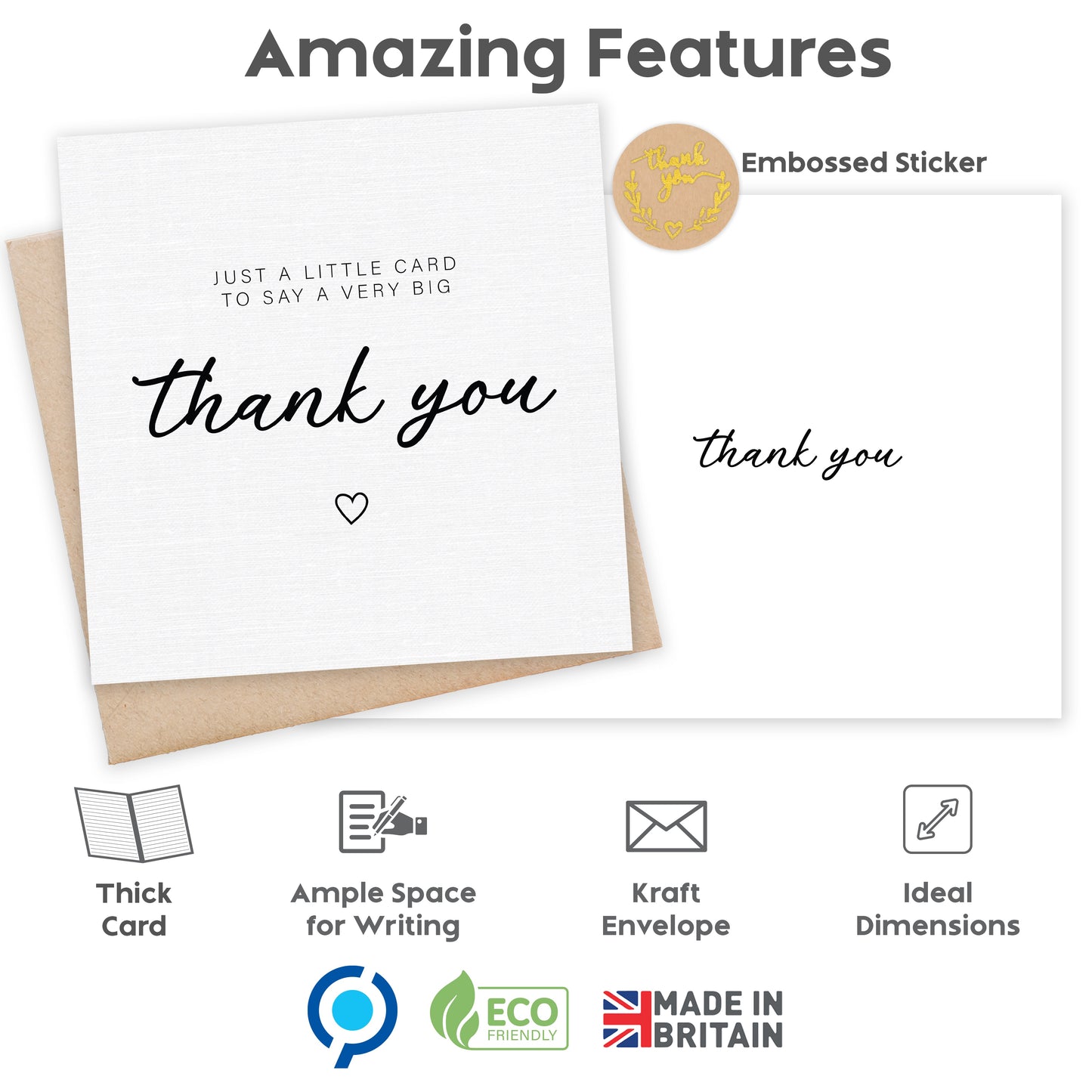 Giftinghouse 24 Thank You Cards Pack with Gold Foil Stickers and Kraft Envelopes, 12.5 x 12.5 cm – Blank Inside – Ideal for Teachers, Weddings, Kids, Christmas – Made in the UK