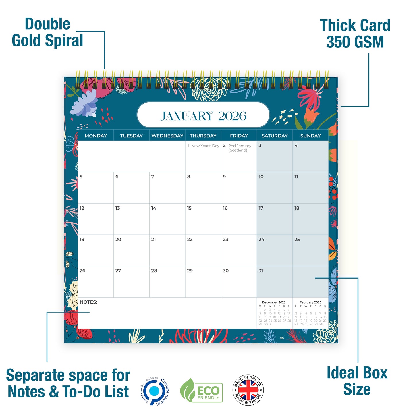 Luxury Desk Calendar 2026 - Desk Calendar UK from Jan to Dec 2026, Month to view desk top flip over calendar with 12 Notes Pages - Made in the UK