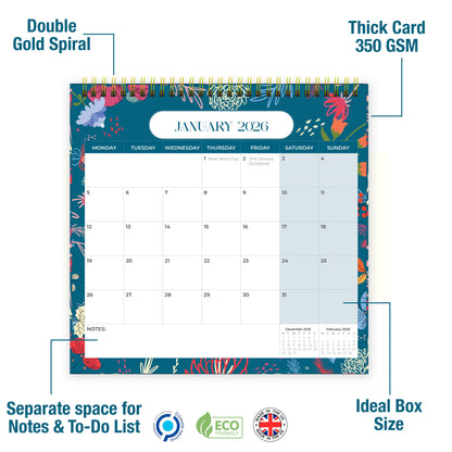 Luxury Desk Calendar 2026 - Desk Calendar UK from Jan to Dec 2026, Month to view desk top flip over calendar with 12 Notes Pages - Made in the UK