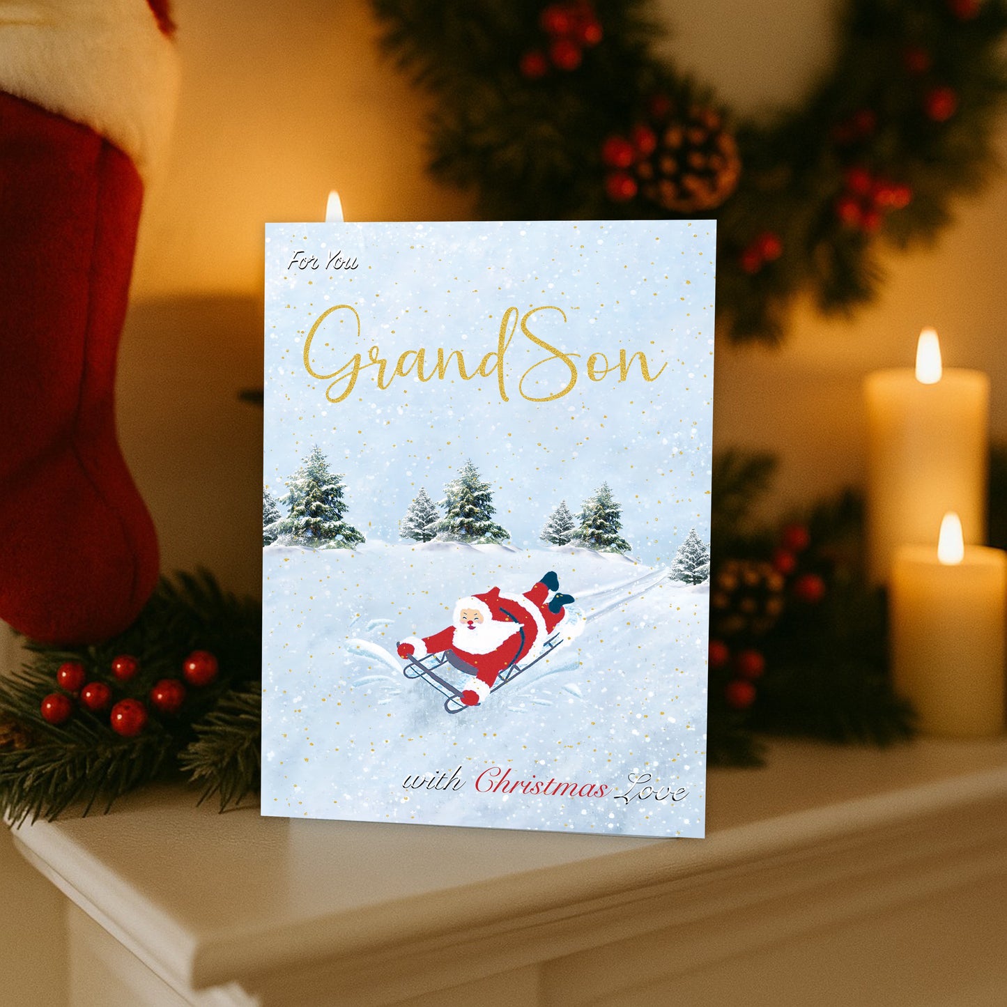 Grandson Christmas Card for Boys – Fun Sledging & Snowman Xmas Design – 22 x 15.5 cm – Eco-Friendly Christmas Card Grandson – Inside Message – Made in the UK