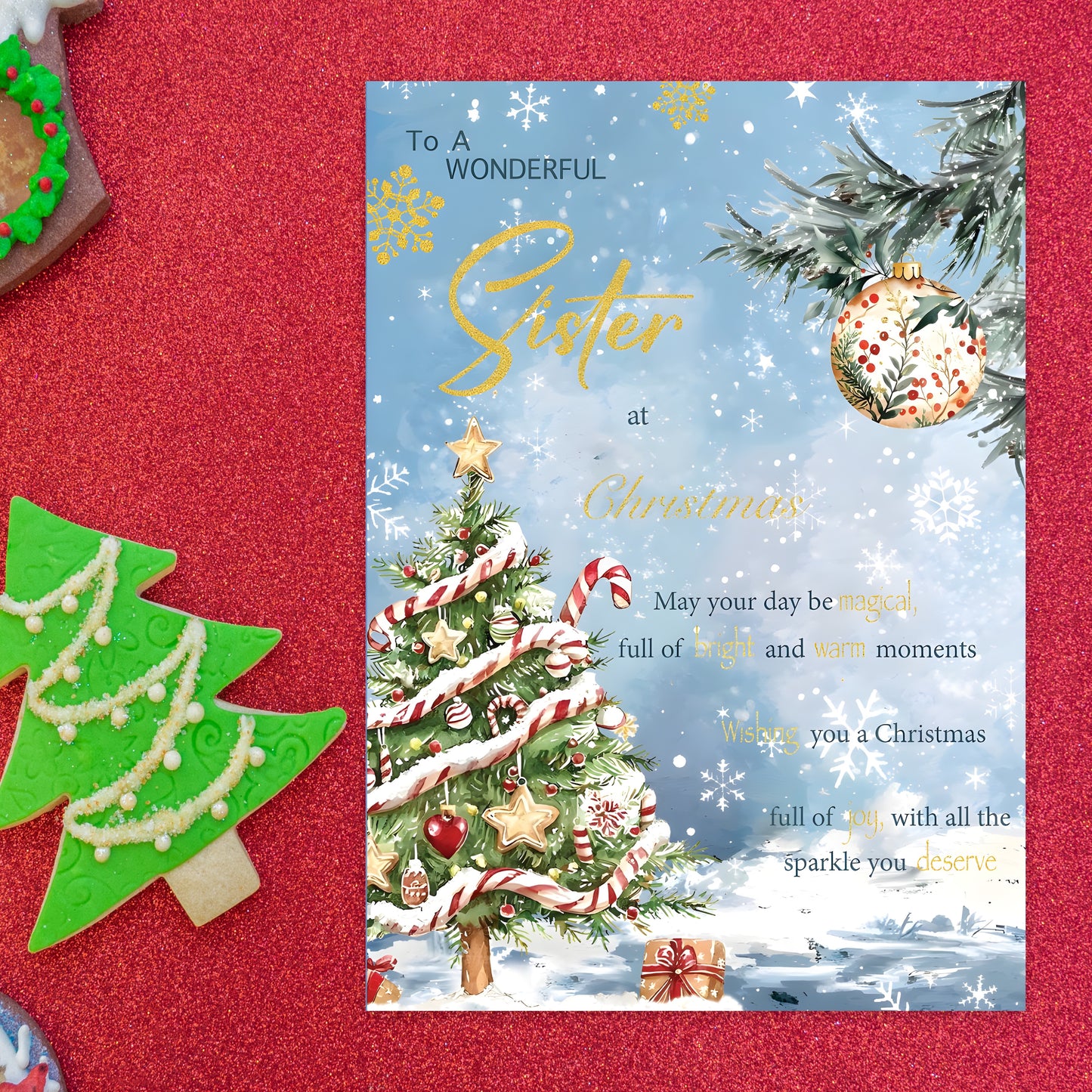 Sister Christmas Card – Snowy Festive Tree Design - 22 x 15.5 cm - Sister Xmas Card – Inside Greeting - Made in the UK