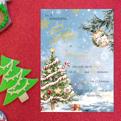Sister Christmas Card – Snowy Festive Tree Design - 22 x 15.5 cm - Sister Xmas Card – Inside Greeting - Made in the UK