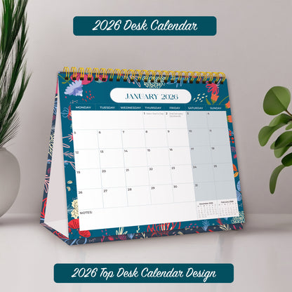 Luxury Desk Calendar 2026 - Desk Calendar UK from Jan to Dec 2026, Month to view desk top flip over calendar with 12 Notes Pages - Made in the UK