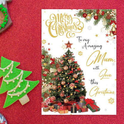 Mum Christmas Card - Gold Foil Luxury Festive Design – 22 x 15.5 cm – Mum Xmas Card with Inside Greeting – Made in the UK