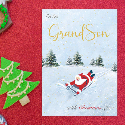 Grandson Christmas Card for Boys – Fun Sledging & Snowman Xmas Design – 22 x 15.5 cm – Eco-Friendly Christmas Card Grandson – Inside Message – Made in the UK