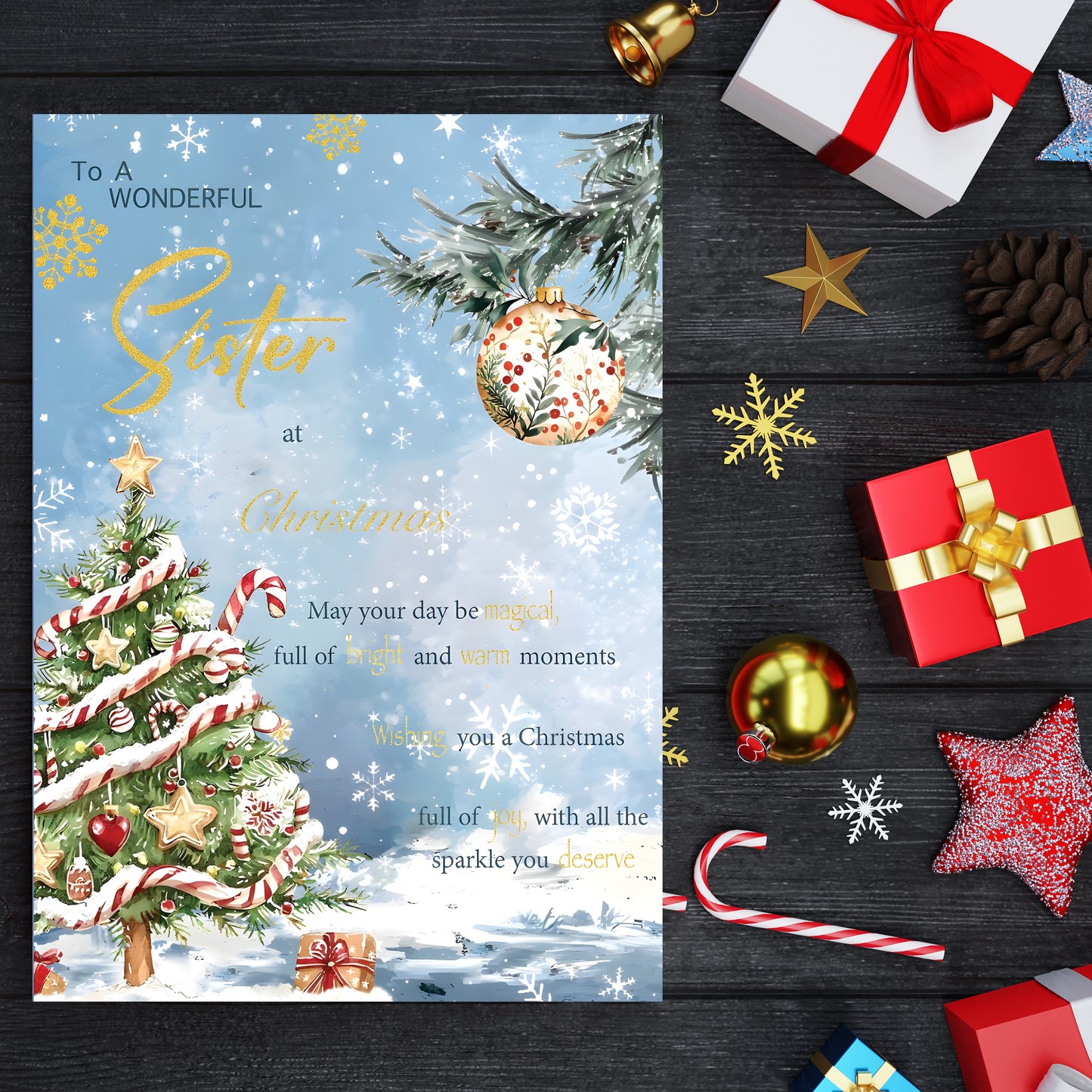 Sister Christmas Card – Snowy Festive Tree Design - 22 x 15.5 cm - Sister Xmas Card – Inside Greeting - Made in the UK