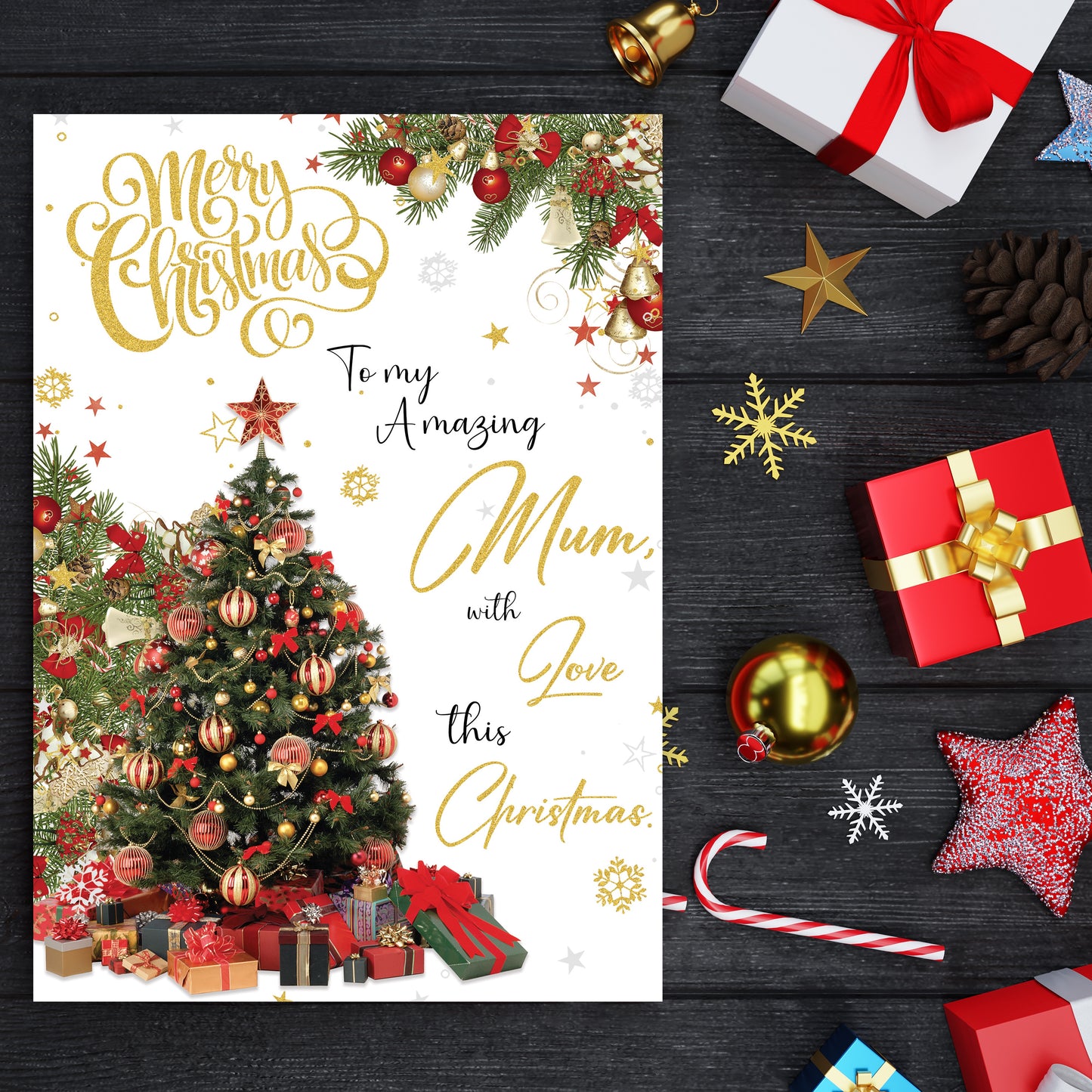 Mum Christmas Card - Gold Foil Luxury Festive Design – 22 x 15.5 cm – Mum Xmas Card with Inside Greeting – Made in the UK