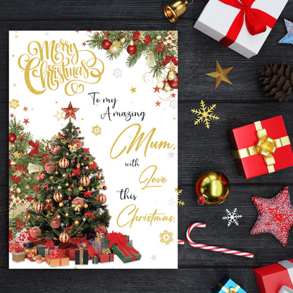 Mum Christmas Card - Gold Foil Luxury Festive Design – 22 x 15.5 cm – Mum Xmas Card with Inside Greeting – Made in the UK