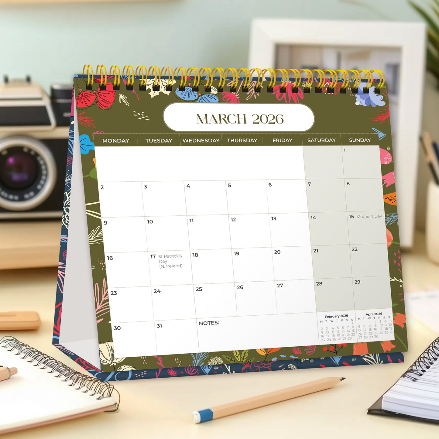 Luxury Desk Calendar 2026 - Desk Calendar UK from Jan to Dec 2026, Month to view desk top flip over calendar with 12 Notes Pages - Made in the UK