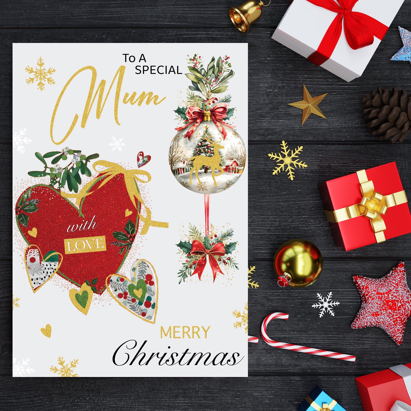 Special Mum Christmas Card – Gold Foil Elegant Design – 22 x 15.5 cm – Mum Xmas Card with Inside Greeting – Made in the UK