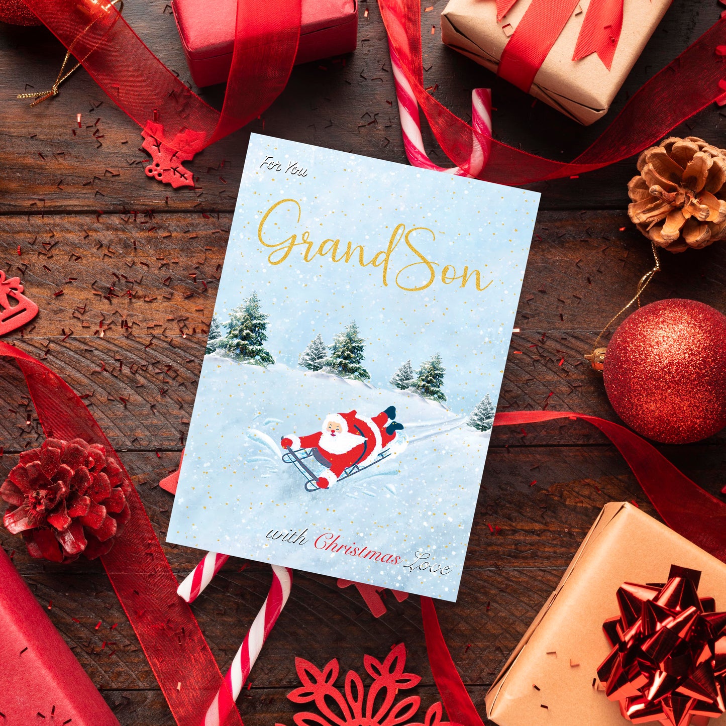 Grandson Christmas Card for Boys – Fun Sledging & Snowman Xmas Design – 22 x 15.5 cm – Eco-Friendly Christmas Card Grandson – Inside Message – Made in the UK