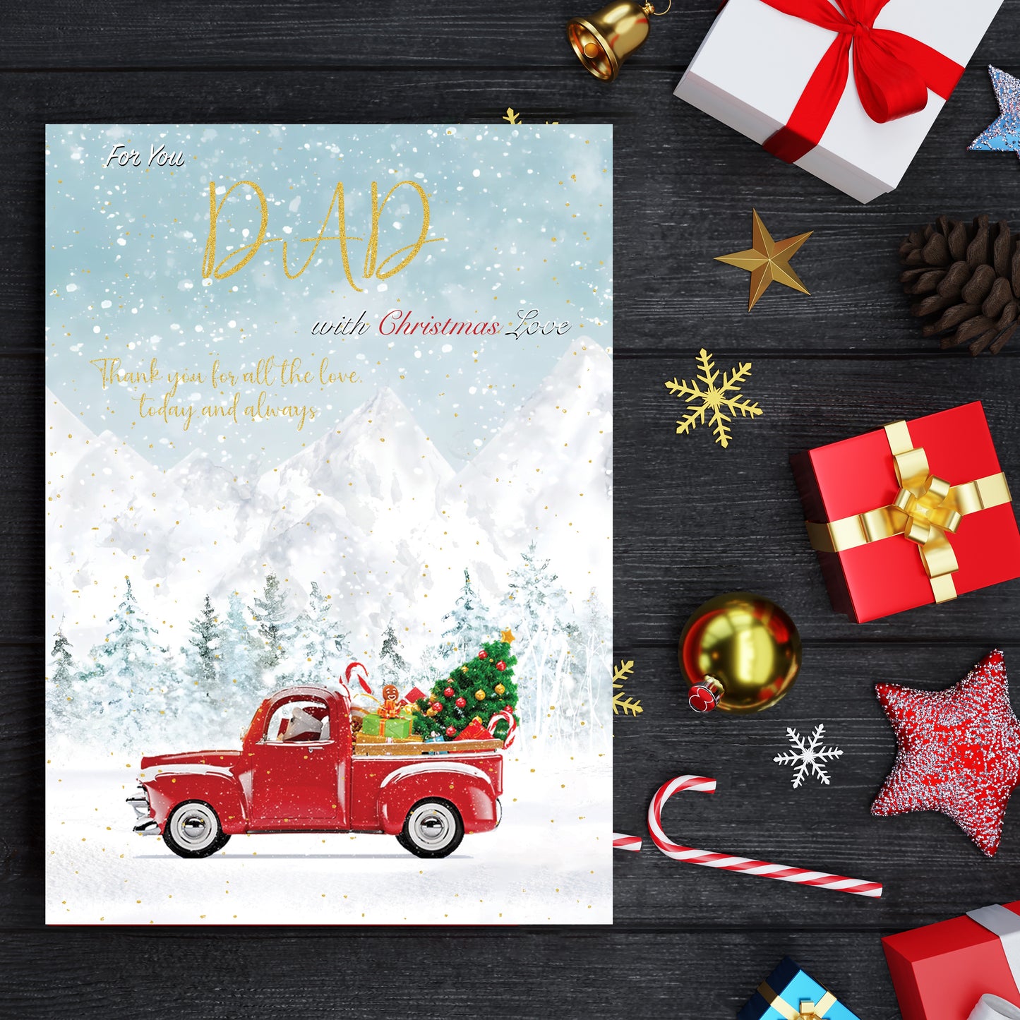 Dad Christmas Card – Gold Foil Dad Xmas Card – Large 22 x 15.5 cm – Inside Greeting – Made in the UK