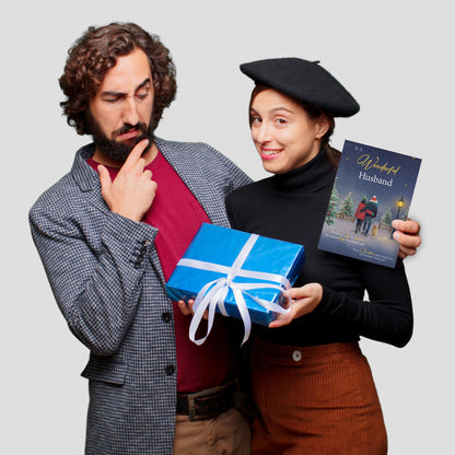 Husband Christmas Card from Wife – Gold Foil Romantic Festive Winter Scene - Large 22 x 15.5 cm - Husband Xmas Card with Inside Greeting - Made in the UK