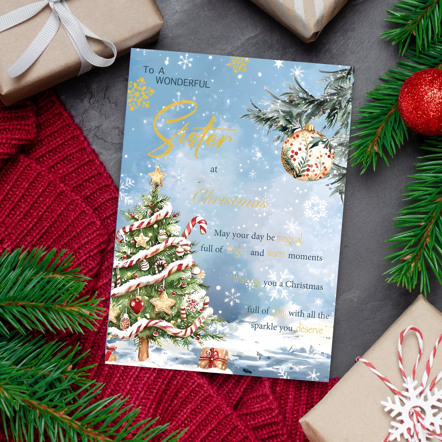 Sister Christmas Card – Snowy Festive Tree Design - 22 x 15.5 cm - Sister Xmas Card – Inside Greeting - Made in the UK