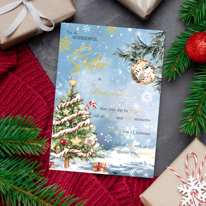 Sister Christmas Card – Snowy Festive Tree Design - 22 x 15.5 cm - Sister Xmas Card – Inside Greeting - Made in the UK