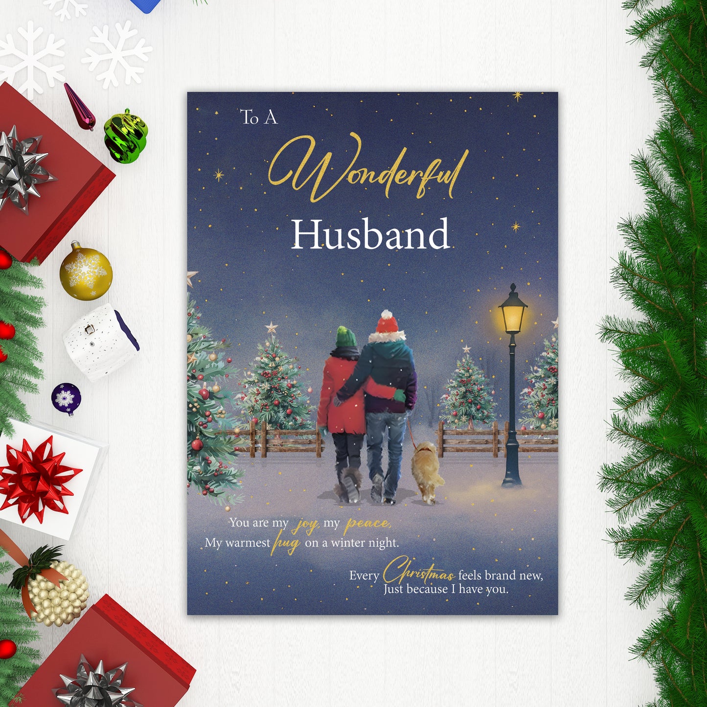 Husband Christmas Card from Wife – Gold Foil Romantic Festive Winter Scene - Large 22 x 15.5 cm - Husband Xmas Card with Inside Greeting - Made in the UK