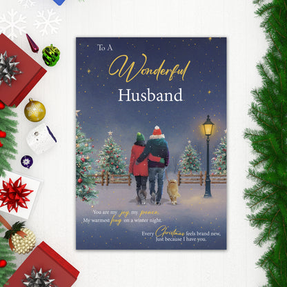 Husband Christmas Card from Wife – Gold Foil Romantic Festive Winter Scene - Large 22 x 15.5 cm - Husband Xmas Card with Inside Greeting - Made in the UK