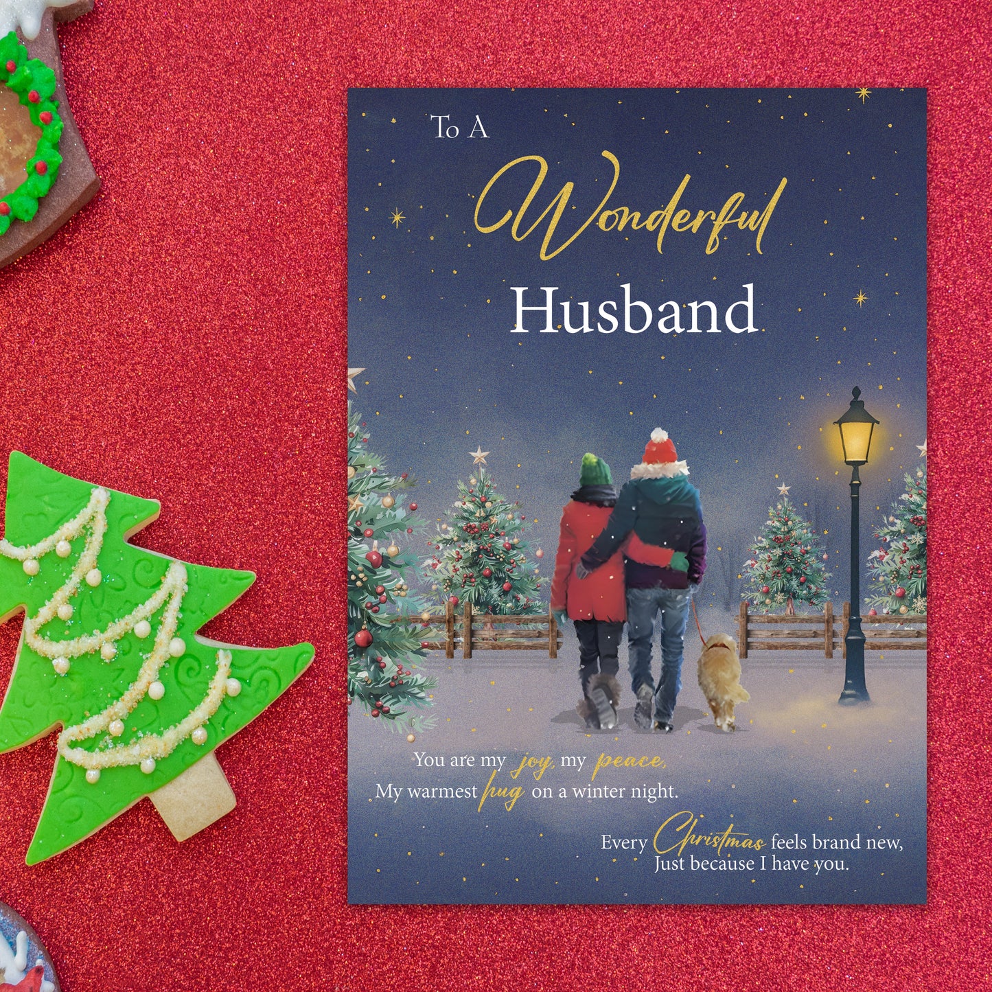 Husband Christmas Card from Wife – Gold Foil Romantic Festive Winter Scene - Large 22 x 15.5 cm - Husband Xmas Card with Inside Greeting - Made in the UK